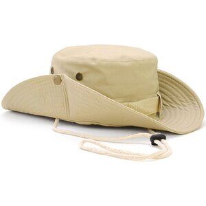 Unisex Beige 100% Cotton Wide Brim Boonie With Chin Strap Classic Bucket Sun Hat
